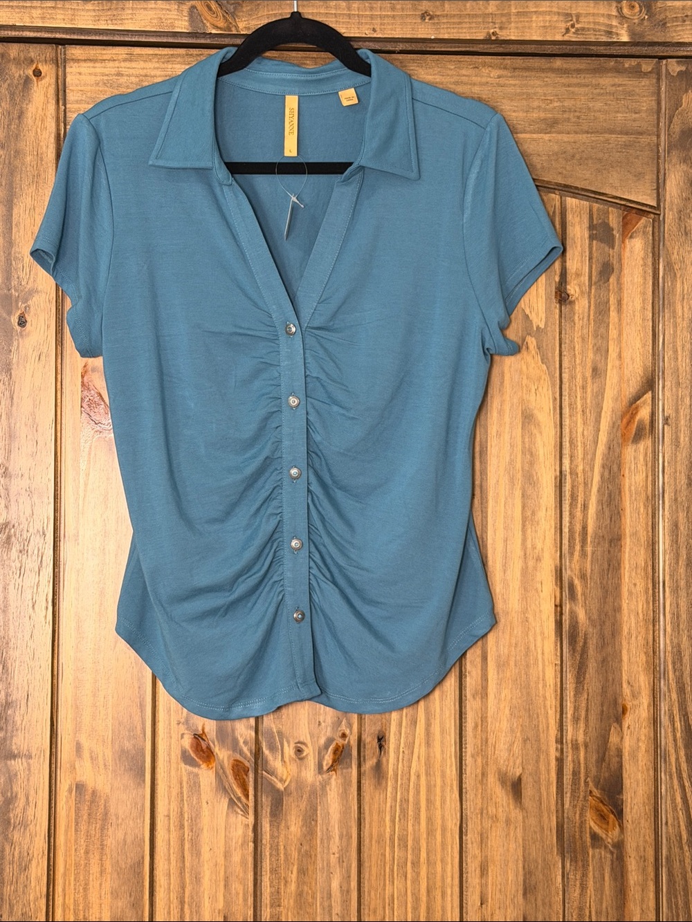 Shyanne Teal Short-Sleeve Button-Front Ruched Top